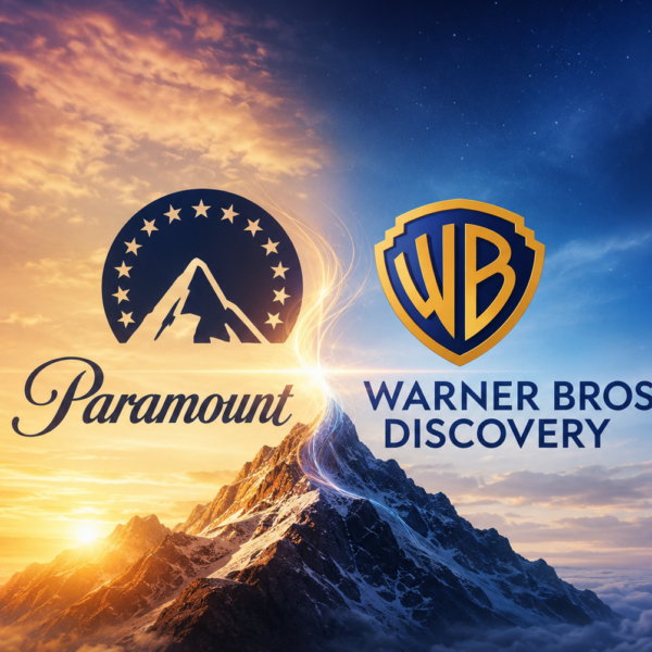 Logos de Paramount y Warner Bros. Discovery en el contexto de la fusión que enfrenta una demanda en Estados Unidos.