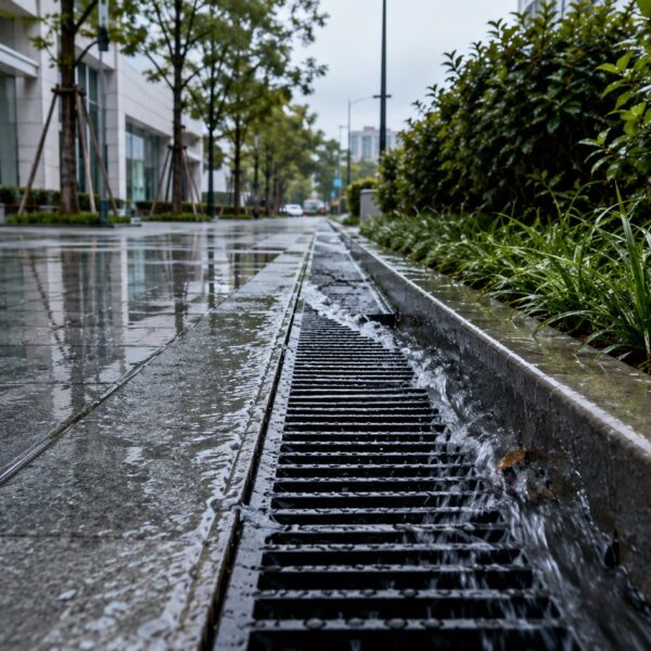 Sistema de drenaje urbano durante un episodio de lluvias intensas en una ciudad chilena.