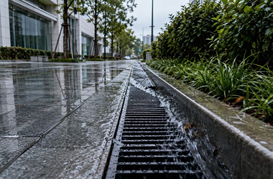 Sistema de drenaje urbano durante un episodio de lluvias intensas en una ciudad chilena.