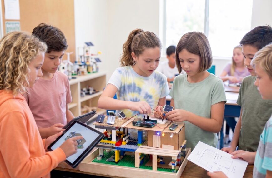 Estudiantes trabajando en equipo durante una actividad escolar orientada al desarrollo de habilidades para el futuro.
