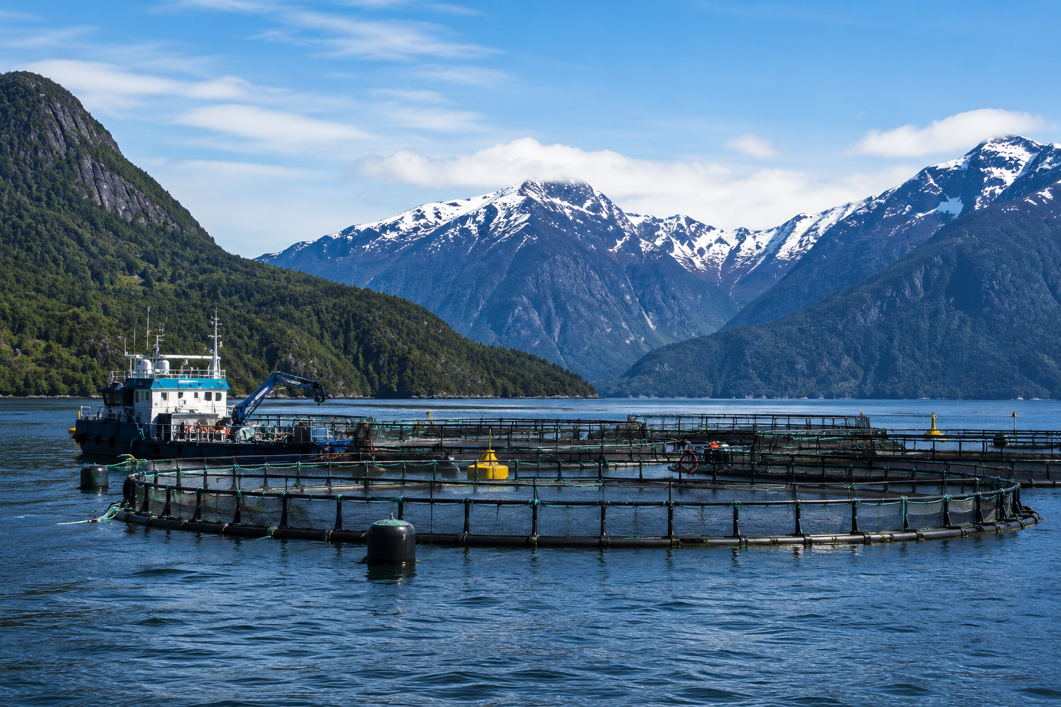 Centro de cultivo de salmones instalado entre fiordos de la Patagonia chilena, territorio involucrado en la discusión sobre evaluación ambiental.