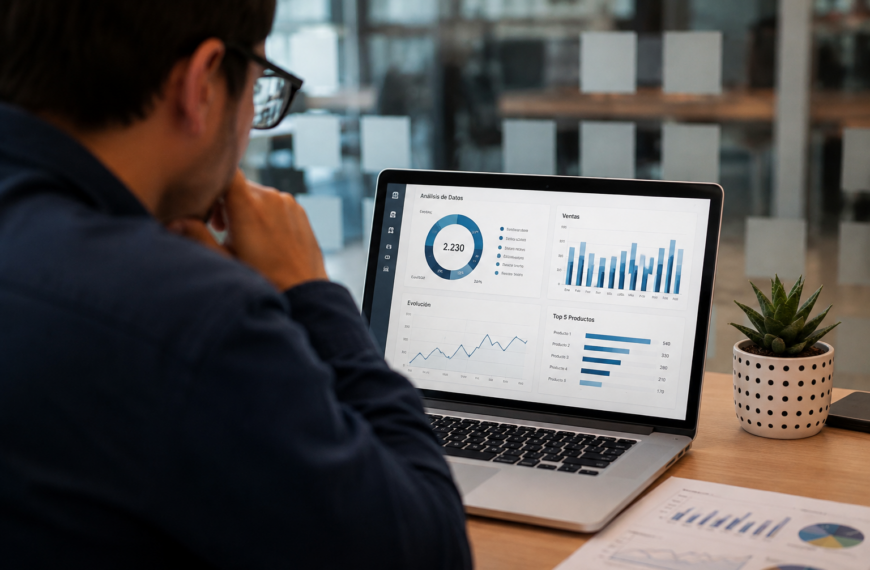 Profesional analiza información y bases de datos en un computador como preparación para implementar herramientas de inteligencia artificial.