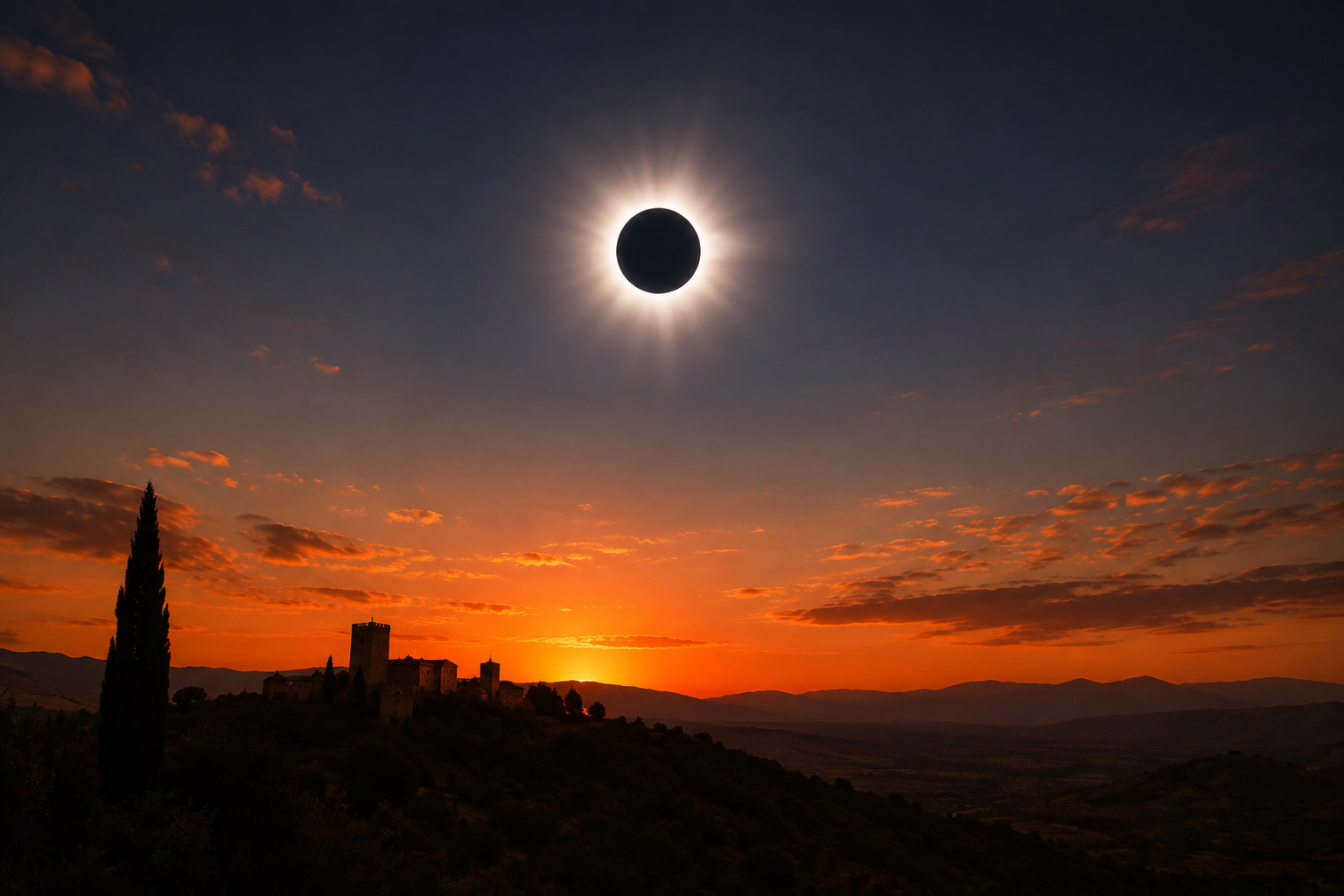 Eclipse total de Sol observado sobre el horizonte al atardecer, fenómeno que dará inicio en España a una trilogía de eclipses entre 2026 y 2028.