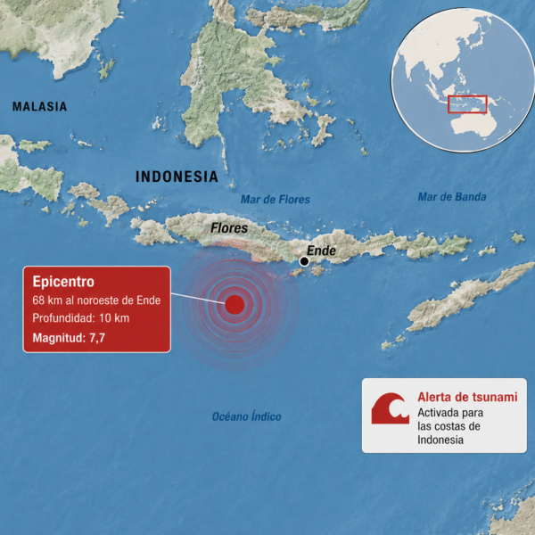 Mapa de Indonesia y la isla de Flores, zona donde se registró el terremoto de magnitud 7,7.