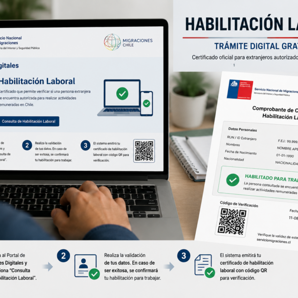 Persona extranjera realiza un trámite digital para verificar su habilitación laboral y autorización para trabajar en Chile.