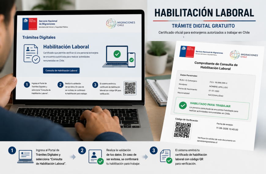 Persona extranjera realiza un trámite digital para verificar su habilitación laboral y autorización para trabajar en Chile.