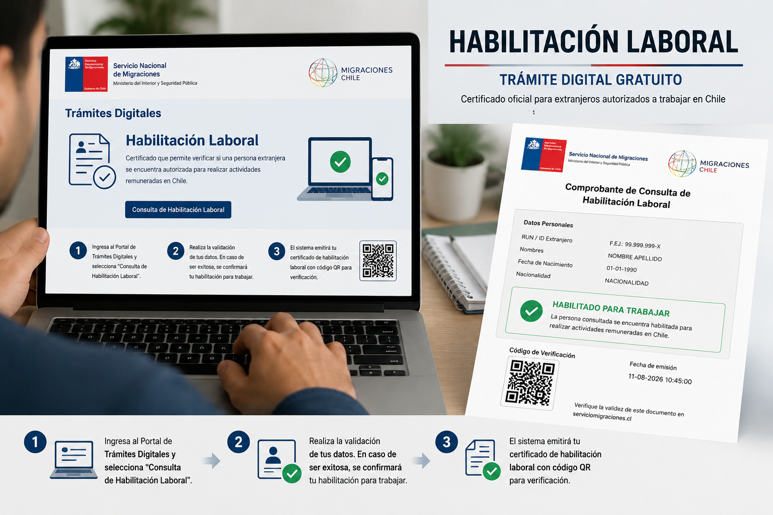 Persona extranjera realiza un trámite digital para verificar su habilitación laboral y autorización para trabajar en Chile.