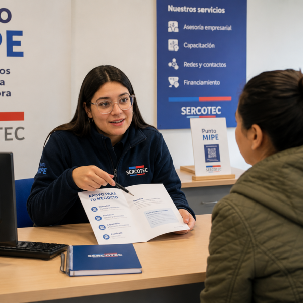 Emprendedores reciben orientación presencial en una oficina de Punto Mipe de Sercotec.