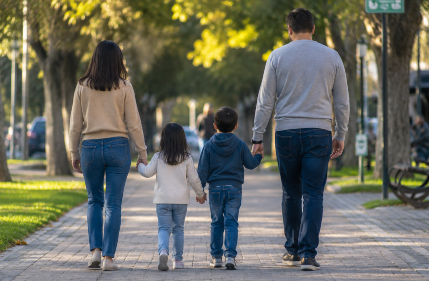 Familia con dos niños camina tomada de las manos por un parque, en una imagen de contexto sobre el bono de $30 mil por hijo.