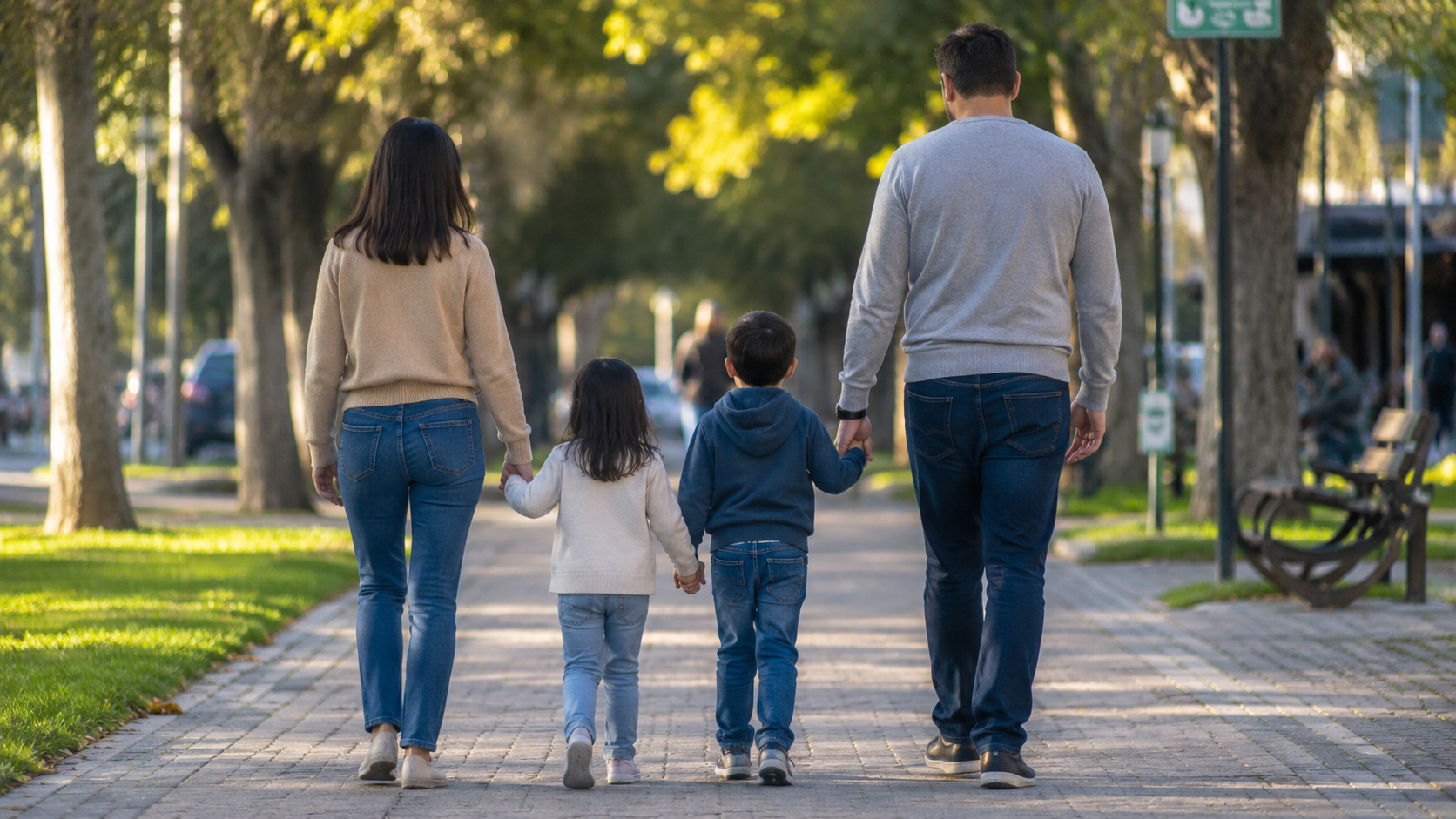Familia con dos niños camina tomada de las manos por un parque, en una imagen de contexto sobre el bono de $30 mil por hijo.