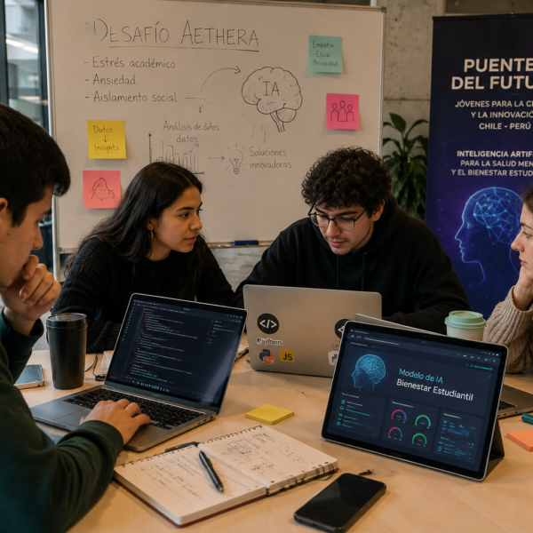 Estudiantes universitarios trabajan con computadores en el desarrollo de soluciones de inteligencia artificial para desafíos de salud mental.