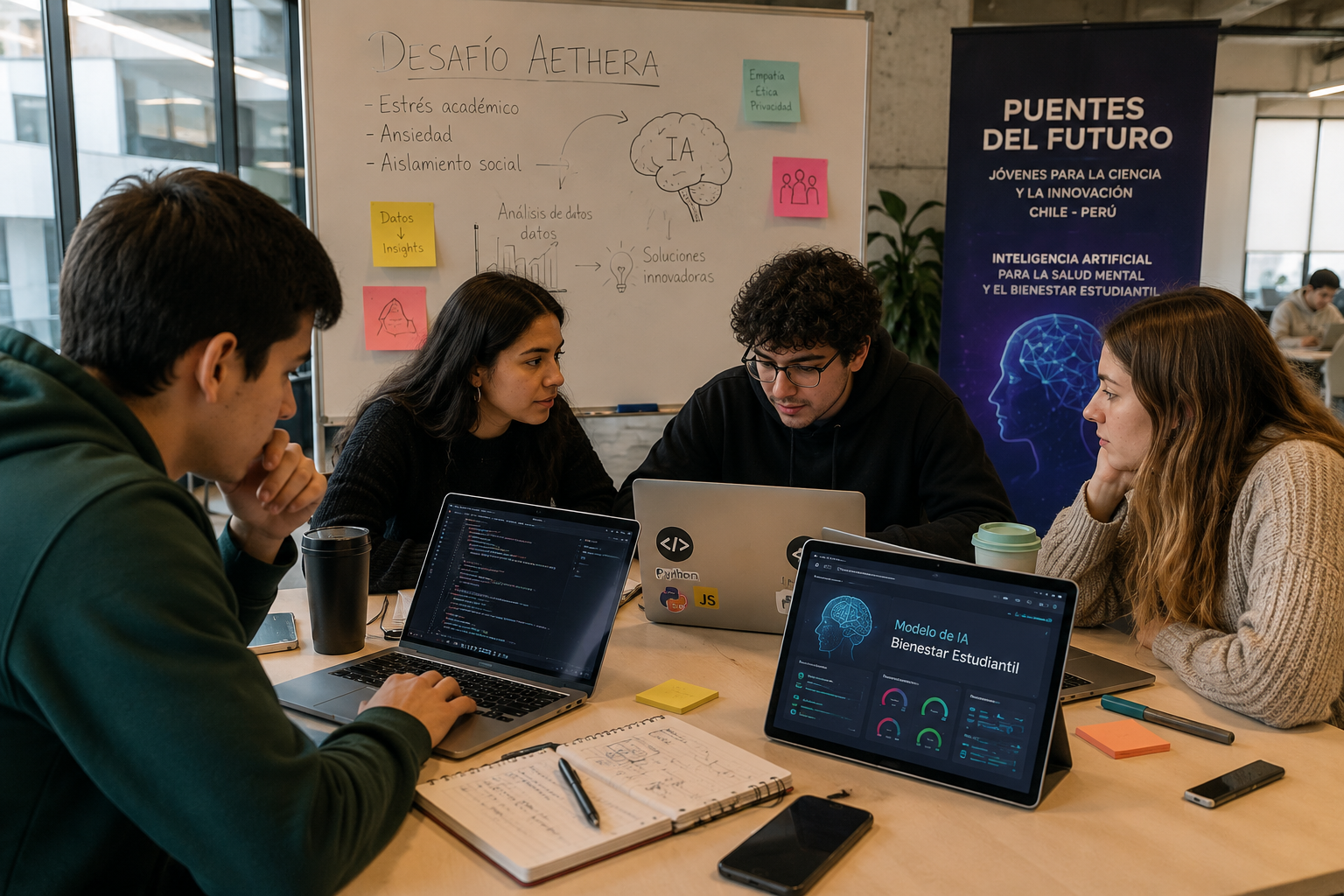 Estudiantes universitarios trabajan con computadores en el desarrollo de soluciones de inteligencia artificial para desafíos de salud mental.