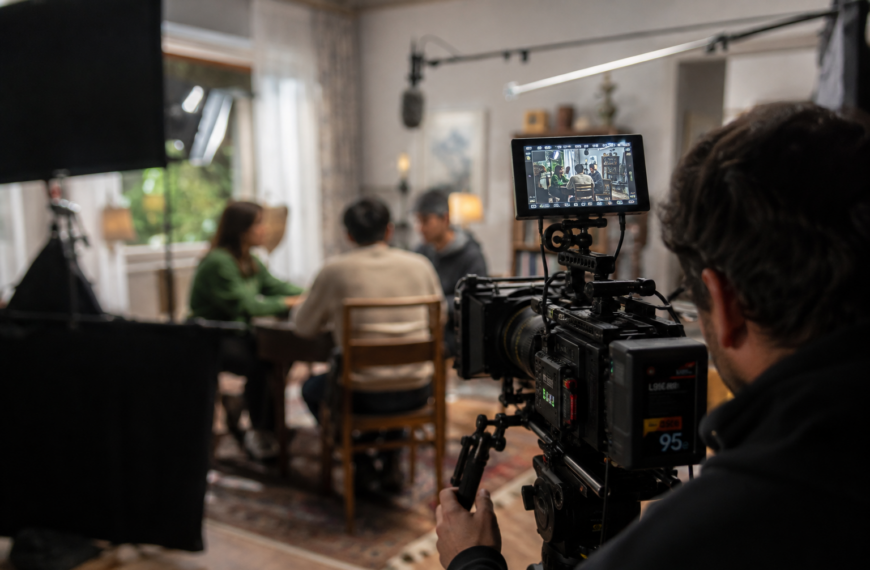 Equipo de producción audiovisual durante el rodaje de una escena, con cámara profesional, iluminación y micrófono en un set de filmación.