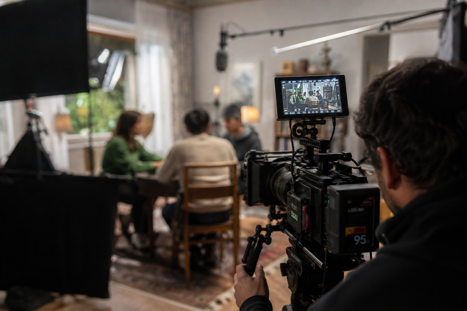 Equipo de producción audiovisual durante el rodaje de una escena, con cámara profesional, iluminación y micrófono en un set de filmación.