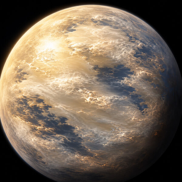 Representación artística de LTT9779b con nubes de vidrio (silicato) altamente reflectantes en la atmósfera de su lado diurno.