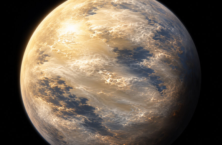 Representación artística de LTT9779b con nubes de vidrio (silicato) altamente reflectantes en la atmósfera de su lado diurno.