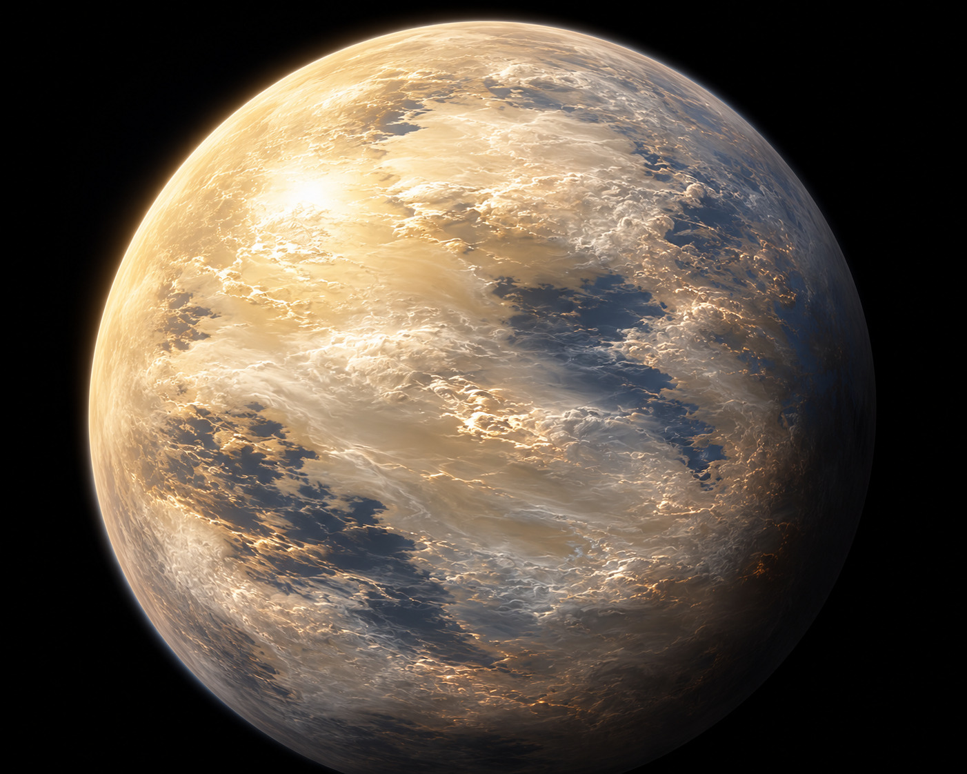 Representación artística de LTT9779b con nubes de vidrio (silicato) altamente reflectantes en la atmósfera de su lado diurno.