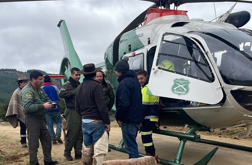 Helicóptero de Carabineros durante un operativo de rescate aeromédico en la comuna de Curepto.