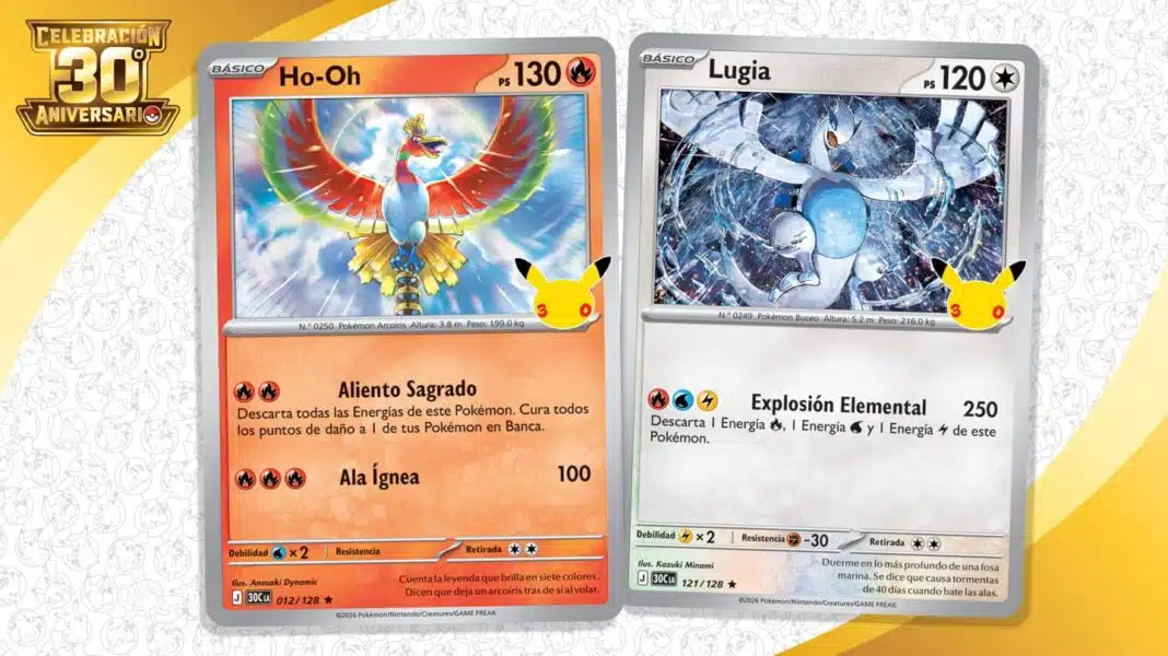 Cartas de Lugia y Ho-Oh reeditadas por Pokémon como parte de la colección especial por el 30 aniversario de la franquicia.