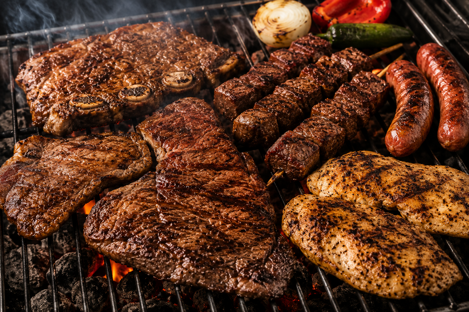 Parrilla con distintos cortes de carne, pollo y cerdo preparada para un asado de Fiestas Patrias