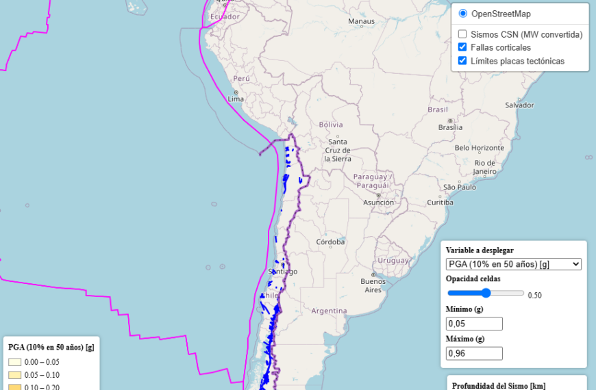 Mapa interactivo de Chile desarrollado por el Centro Sismológico Nacional para consultar la amenaza sísmica en distintas zonas del país.