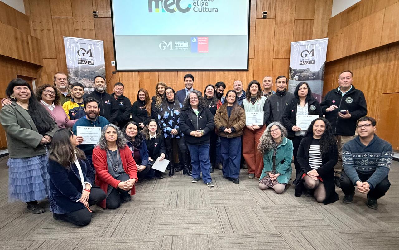 Representantes de espacios culturales del Maule posan en grupo durante un encuentro regional.
