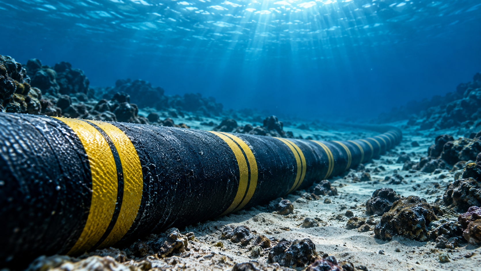 Cable submarino grueso tendido sobre el fondo marino entre rocas y arena, iluminado por rayos de luz que atraviesan el agua.