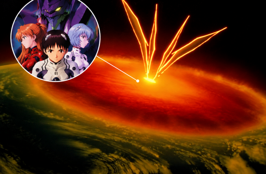 El Segundo Impacto en Evangelion, con Shinji, Asuka, Rei y la Unidad EVA-01 en un círculo sobre la escena.