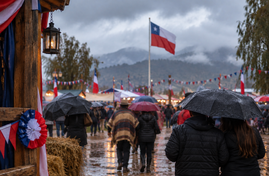 `Personas caminan con paraguas bajo la lluvia durante una celebración de Fiestas Patrias.`