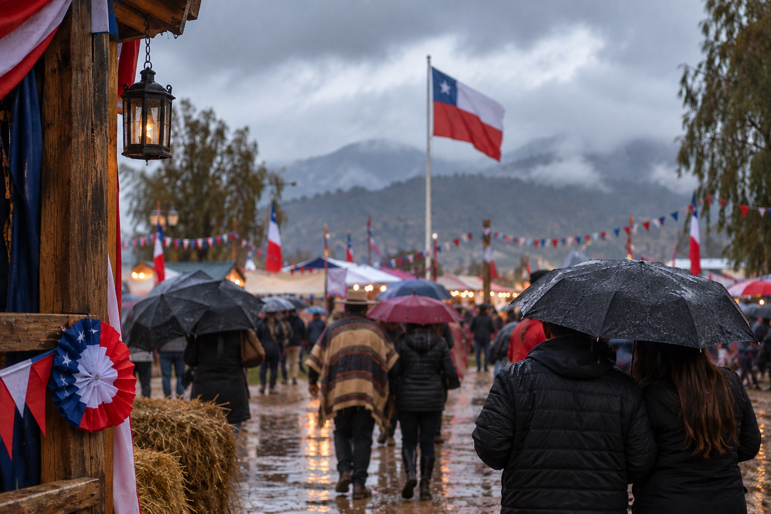 `Personas caminan con paraguas bajo la lluvia durante una celebración de Fiestas Patrias.`