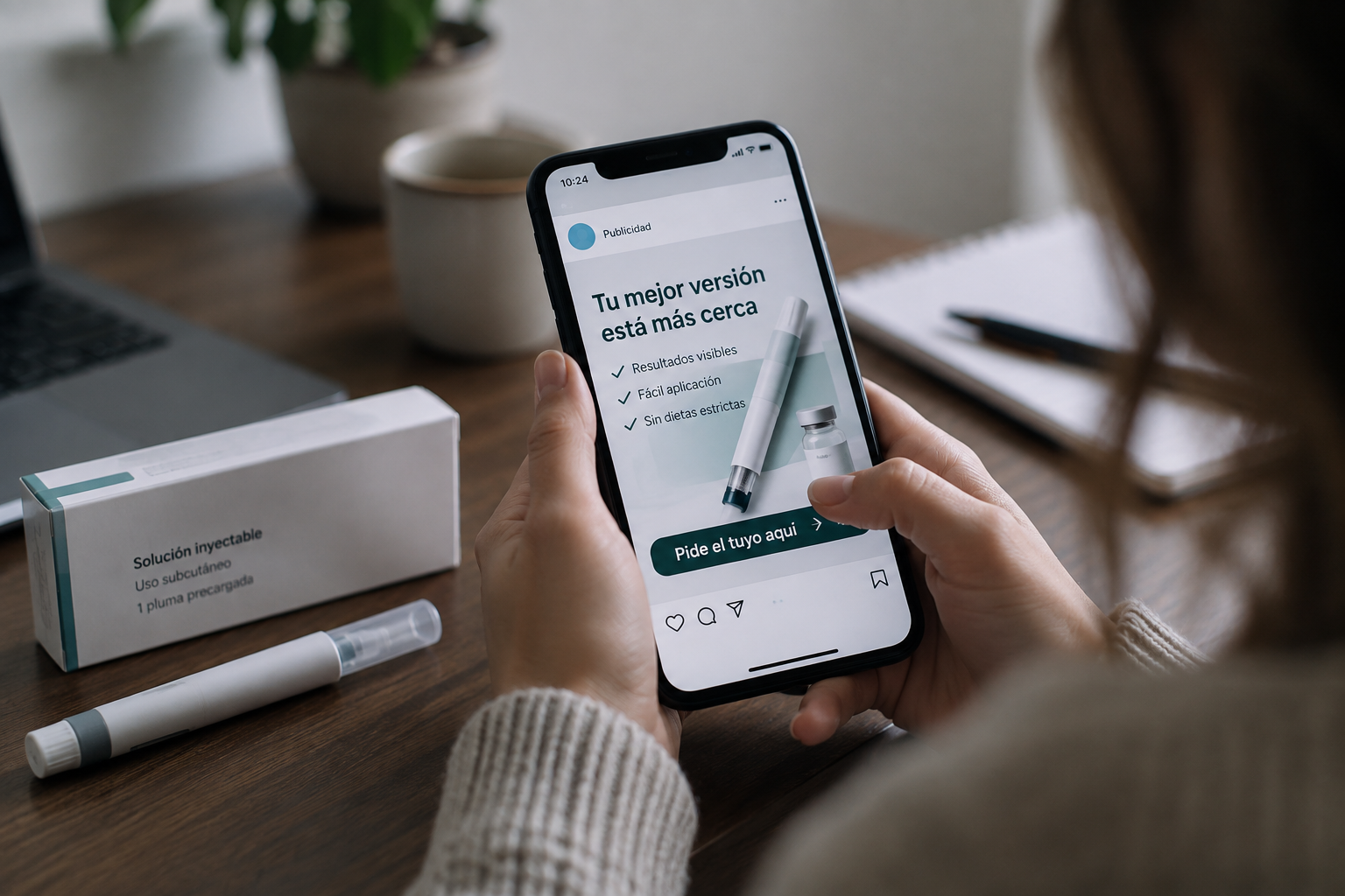 Persona sostiene un teléfono celular que muestra una publicidad de productos inyectables, junto a una caja y una pluma de inyección sobre una mesa.