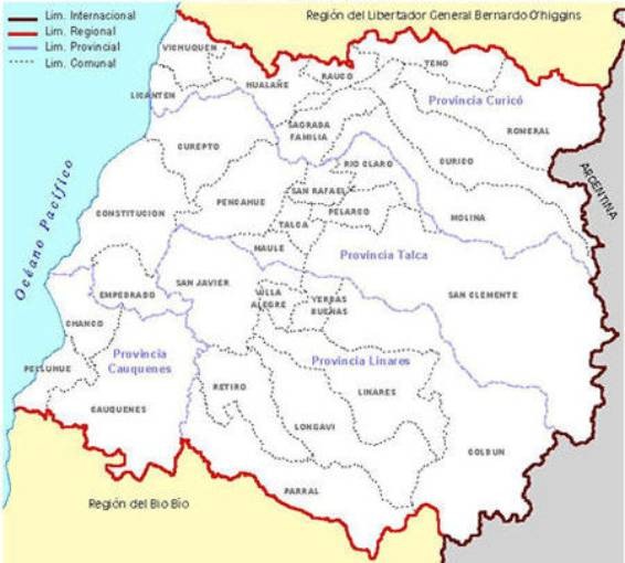 mapa político de la región del maule que detalla la ubicación de cada comuna en la región.
