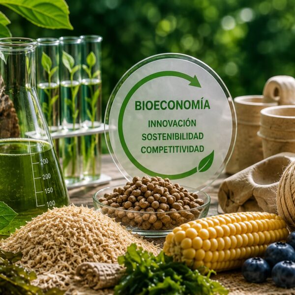 Materiales vegetales, tubos de ensayo y productos biobasados utilizados para representar la bioeconomía.