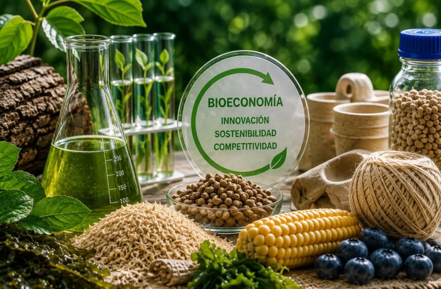 Materiales vegetales, tubos de ensayo y productos biobasados utilizados para representar la bioeconomía.