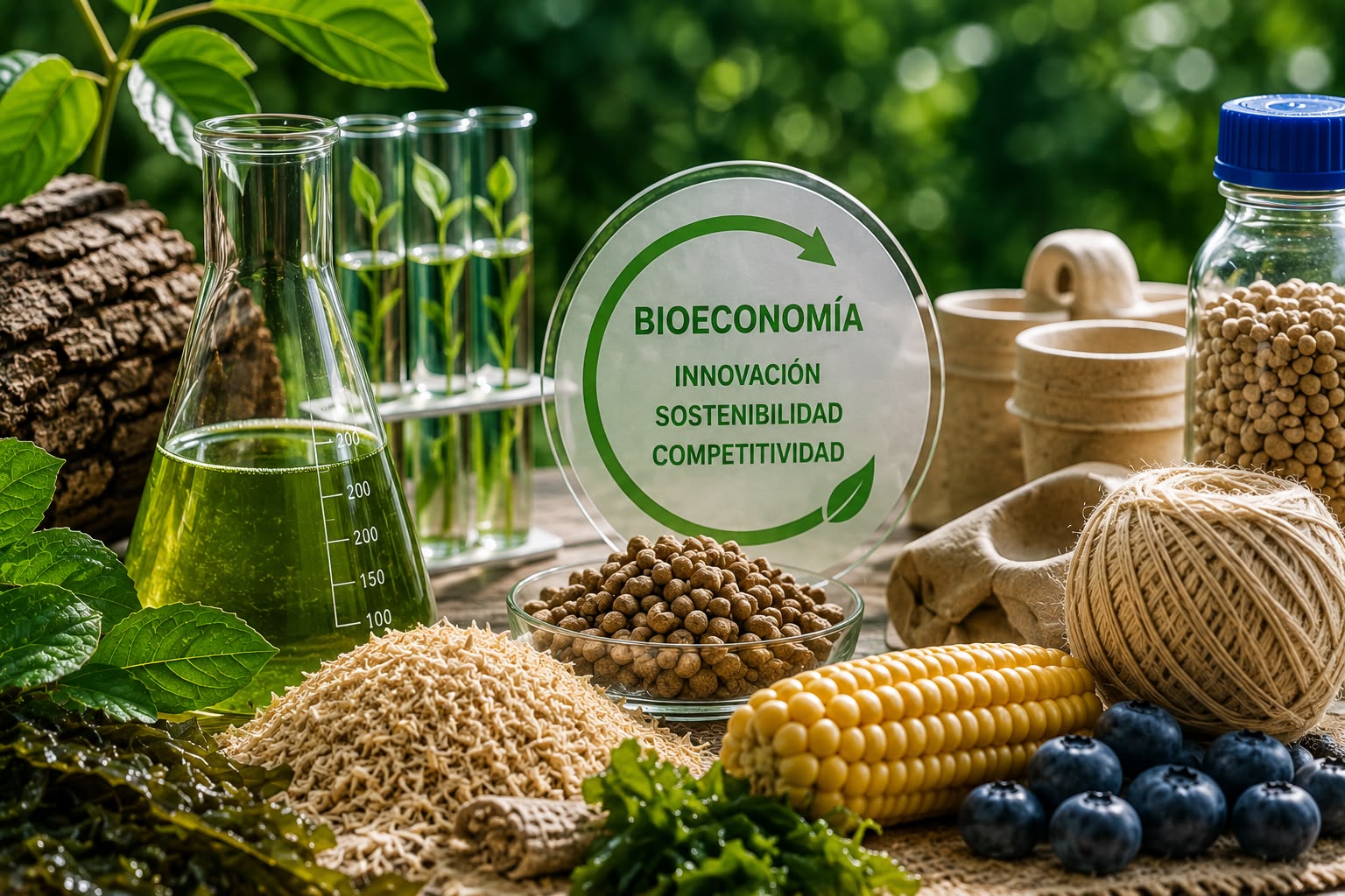Materiales vegetales, tubos de ensayo y productos biobasados utilizados para representar la bioeconomía.