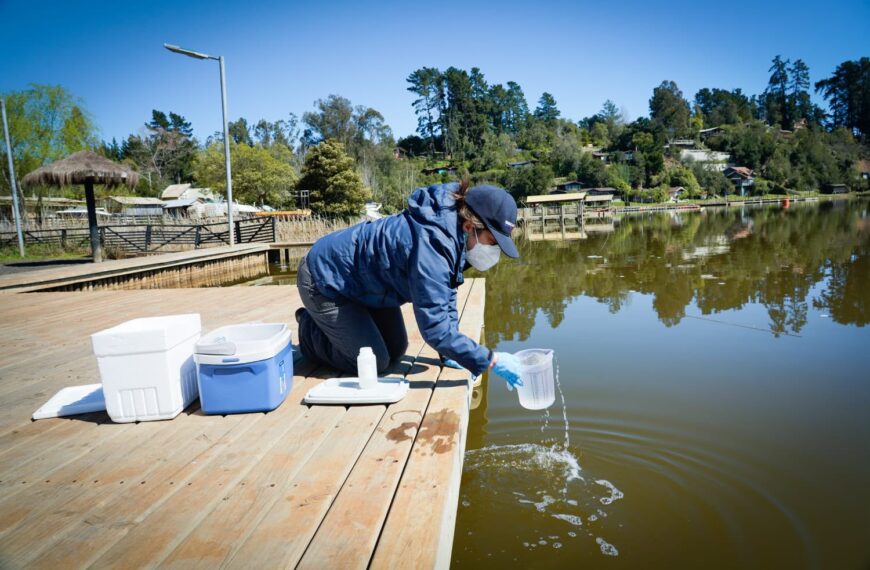 Profesional de salud toma una muestra de agua desde un muelle en el lago Vichuquén.