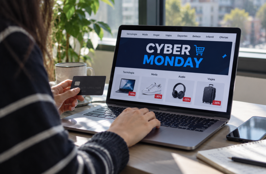 Persona realiza compras online desde un computador portátil mientras sostiene una tarjeta bancaria.