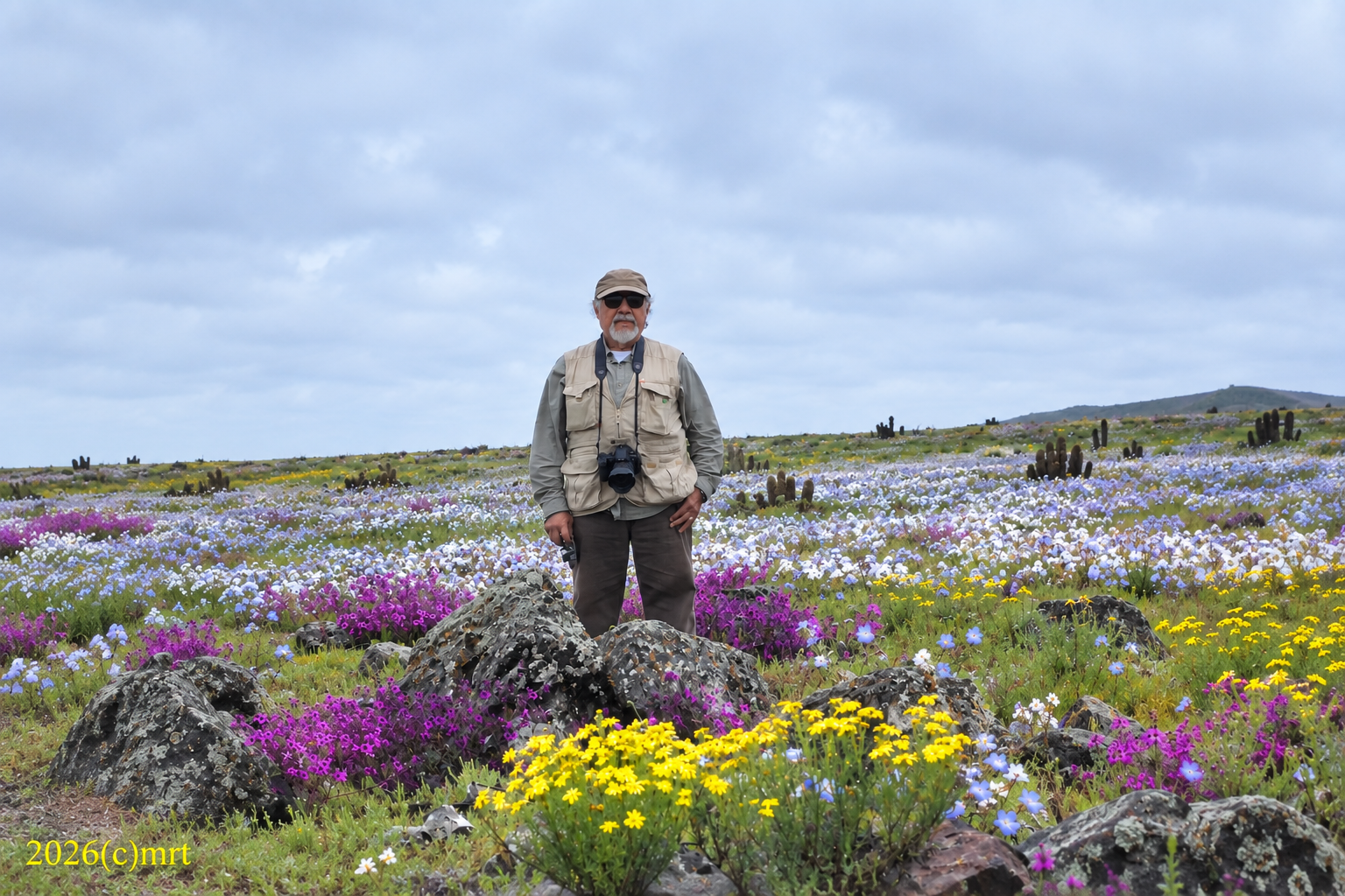 Samuel Barros posa entre flores y vegetación del Desierto Florido.