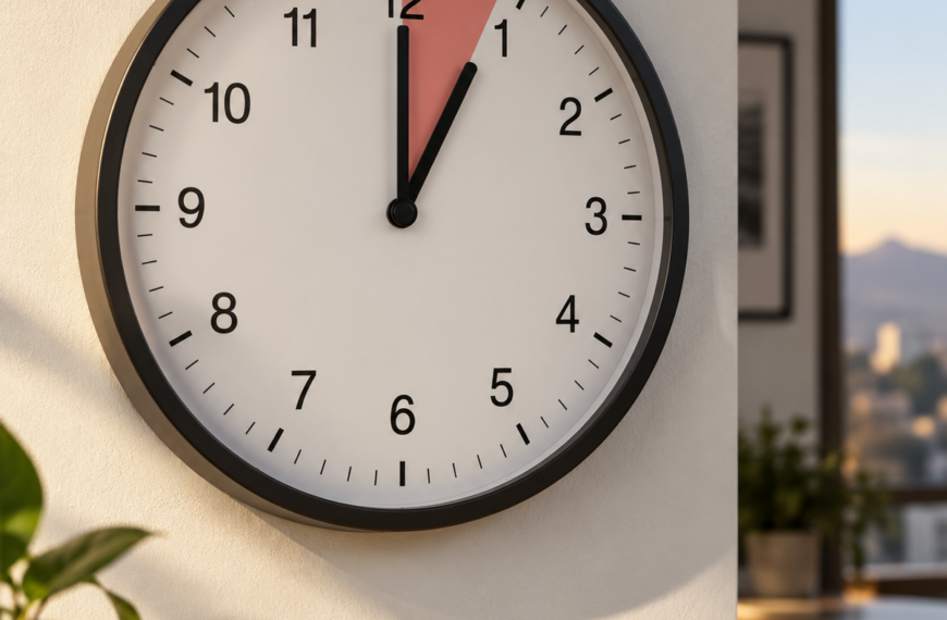 Reloj de pared marcando la 1, con el espacio entre las 12 y la 1 resaltado en color rojo.