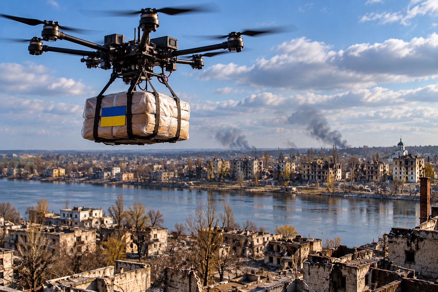 Drones cargados de comida cruzan el frente para llegar&hellip;