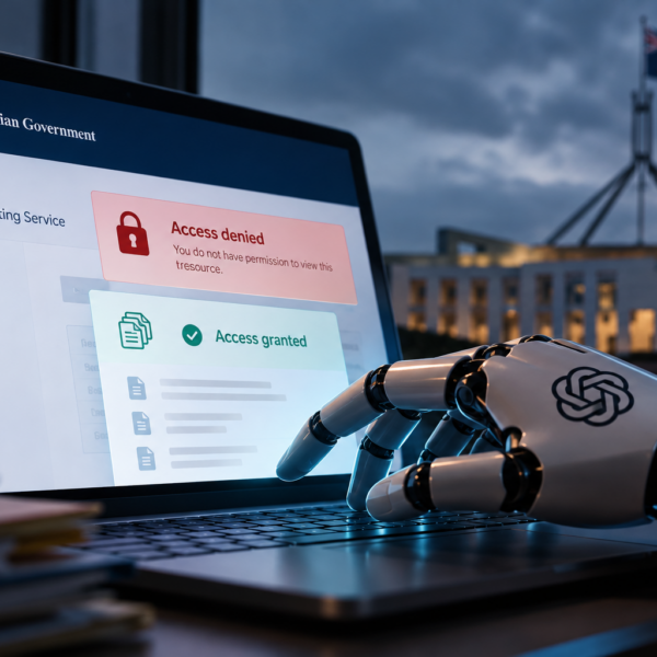 Mano robótica frente a un computador que muestra un portal gubernamental australiano con avisos de acceso denegado y concedido.