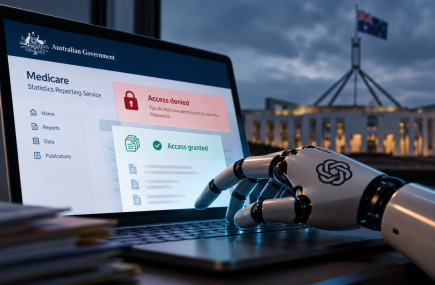 Mano robótica frente a un computador que muestra un portal gubernamental australiano con avisos de acceso denegado y concedido.
