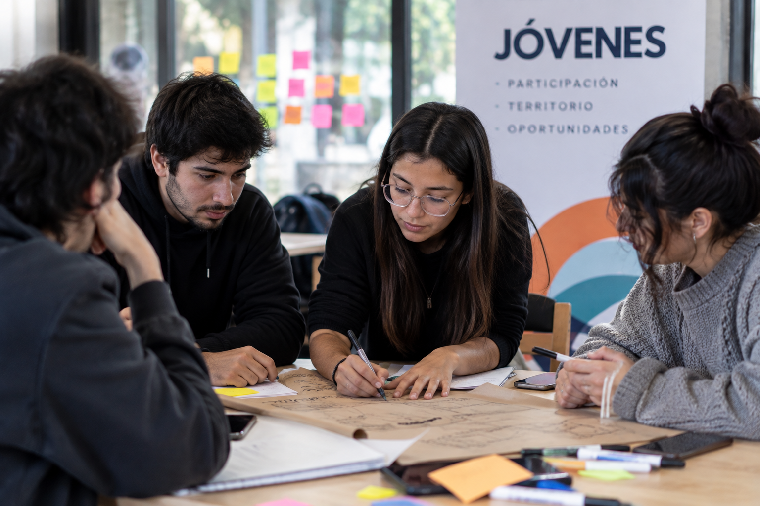 Jóvenes trabajan en grupo alrededor de una mesa mientras escriben y organizan ideas para un proyecto.