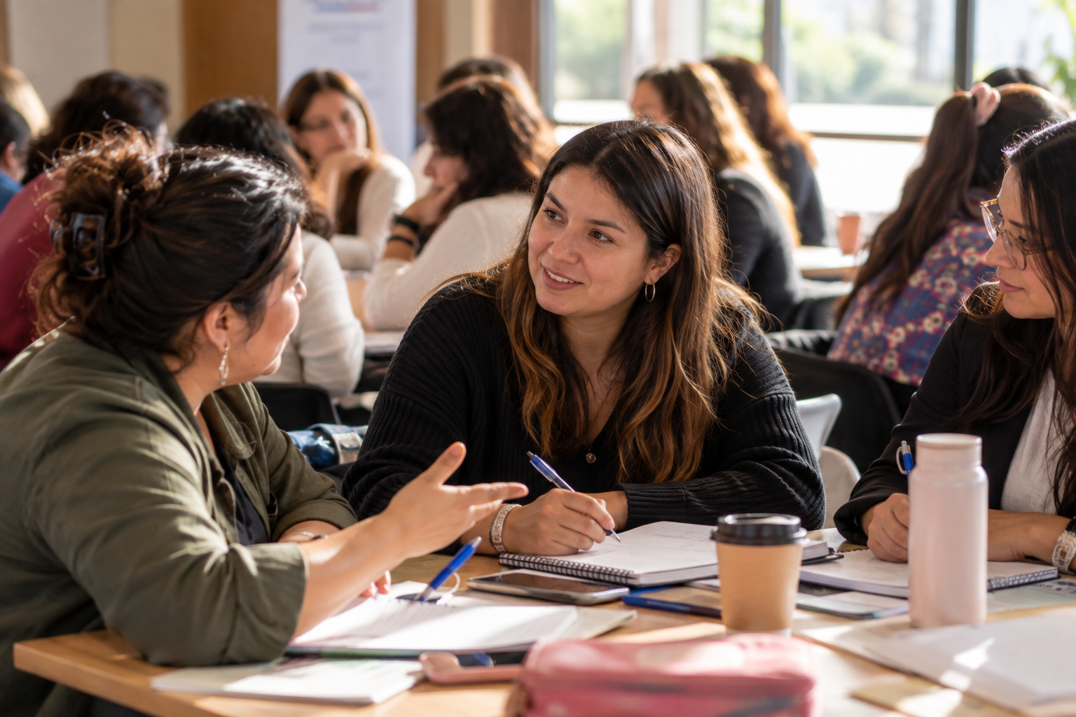 Mujeres emprendedoras conversan y toman apuntes durante una jornada de capacitación.