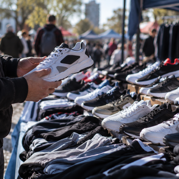 Persona examina una zapatilla deportiva en un puesto de feria con calzado y ropa a la venta.