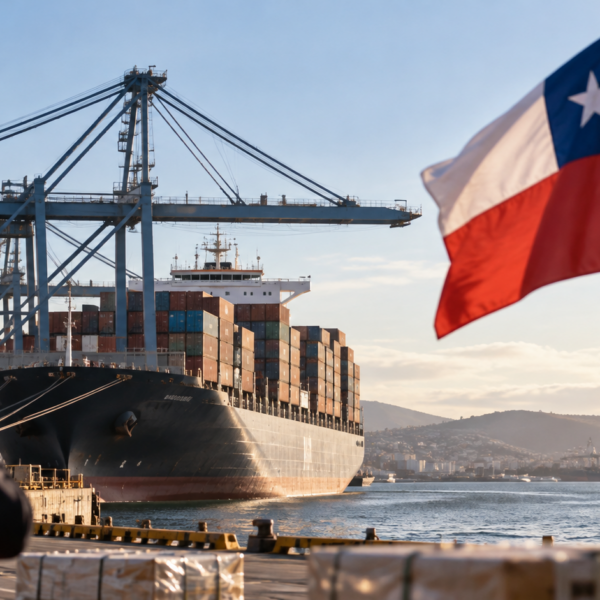 Buque portacontenedores junto a grúas de carga en un puerto, con las banderas de Chile y Estados Unidos en primer plano.