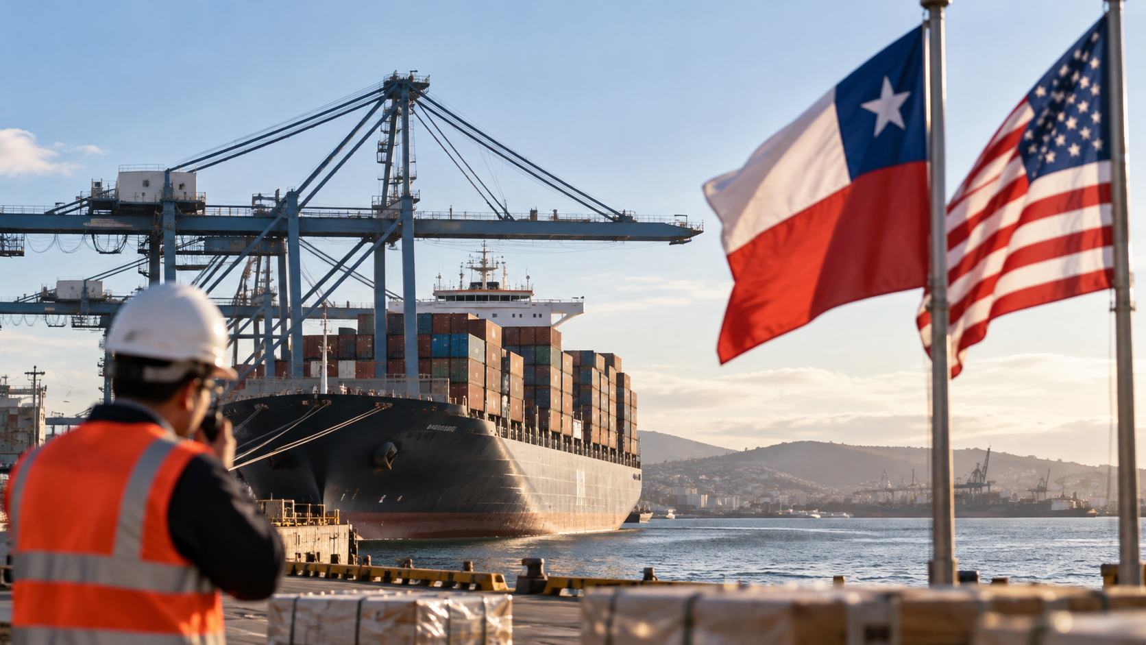 Buque portacontenedores junto a grúas de carga en un puerto, con las banderas de Chile y Estados Unidos en primer plano.