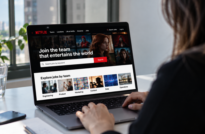 Persona trabaja frente a un computador portátil mientras revisa ofertas de trabajo de Netflix.