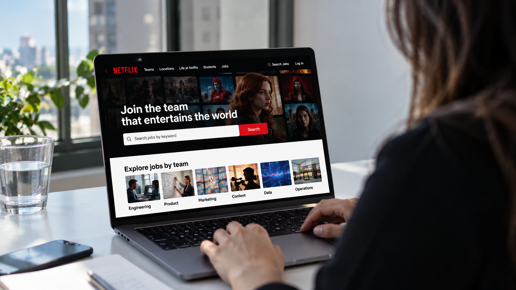 Persona trabaja frente a un computador portátil mientras revisa ofertas de trabajo de Netflix.