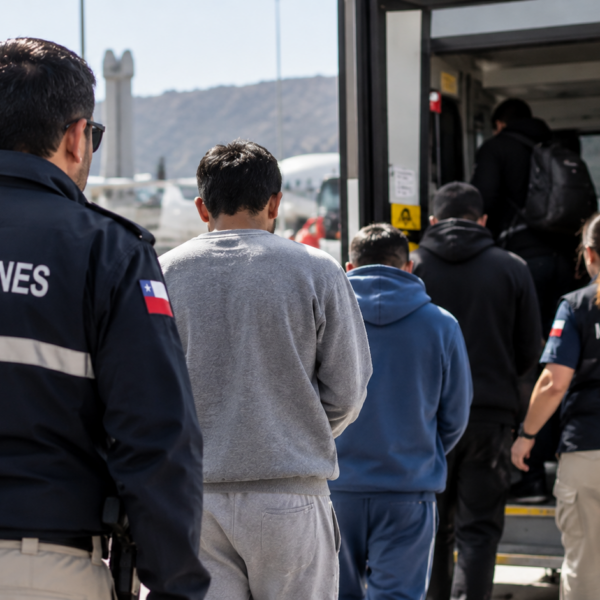 Funcionarios de Migraciones acompañan a un grupo de personas que aborda un bus en un aeropuerto.